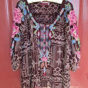Johnny Was Blouse Green Pink Burgundy Floral 3/4 Sleeve LARGE EUC